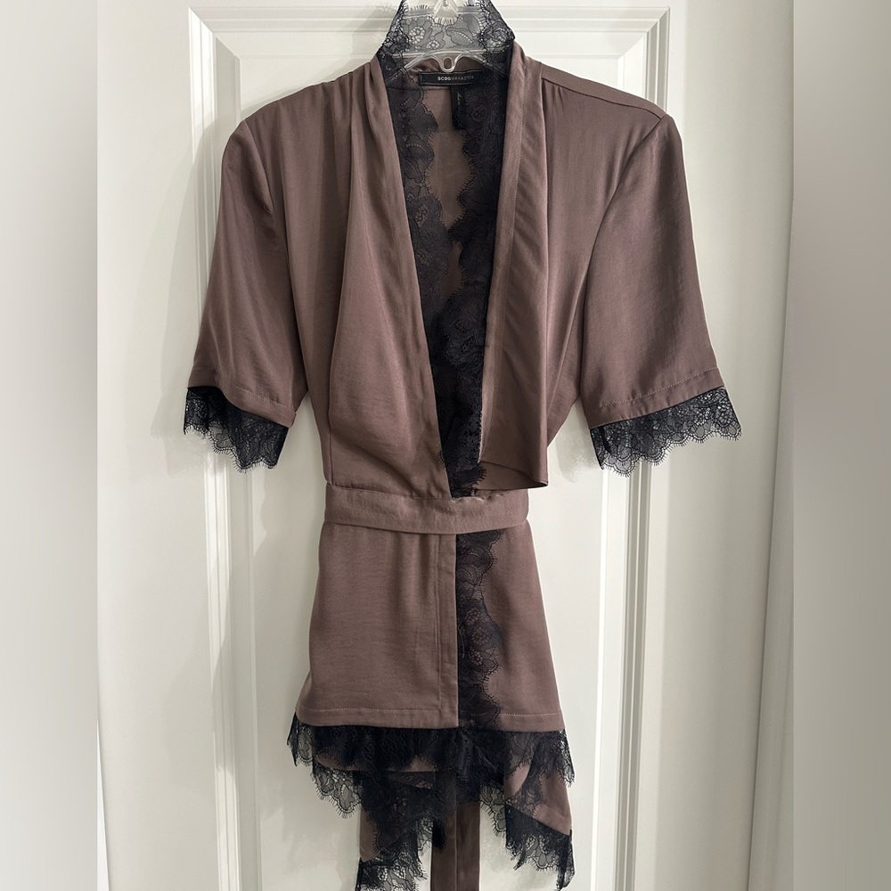 BCBGMaxAzria Lavender Silk Wrap Blouse with Black Lace Trim